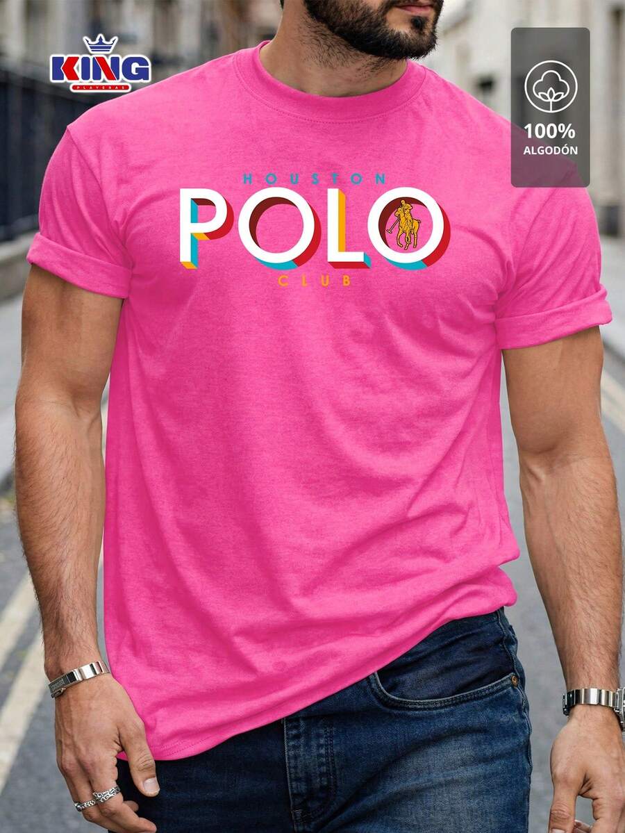 Original HPC POLO T-Shirt With Round Neck And Short Sleeves – Themed Graphic Design "HPC: Retro Typography Houston" – 100% Cotton - 玫紅色 - 查看 1