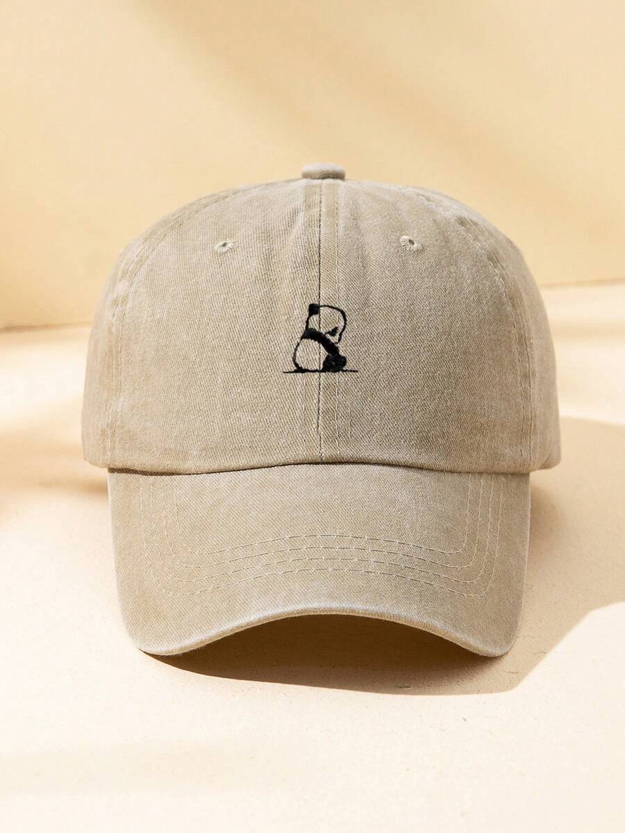 1pc Unisex Khaki Color Panda Embroidery Washed Soft Top Adjustable Baseball Cap For Daily Casual Wear - A - View 1