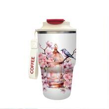1/5个装 18盎司樱花鸟笼蓝鸟印花不锈钢保温水瓶，便携式旅行杯，带挂绳，车载咖啡杯，牛奶杯，日常实用，夏季必备，适合健身、通勤、旅行、户外和居家使用，节日和生日的绝佳礼物 - 小鳥 - 查看 4