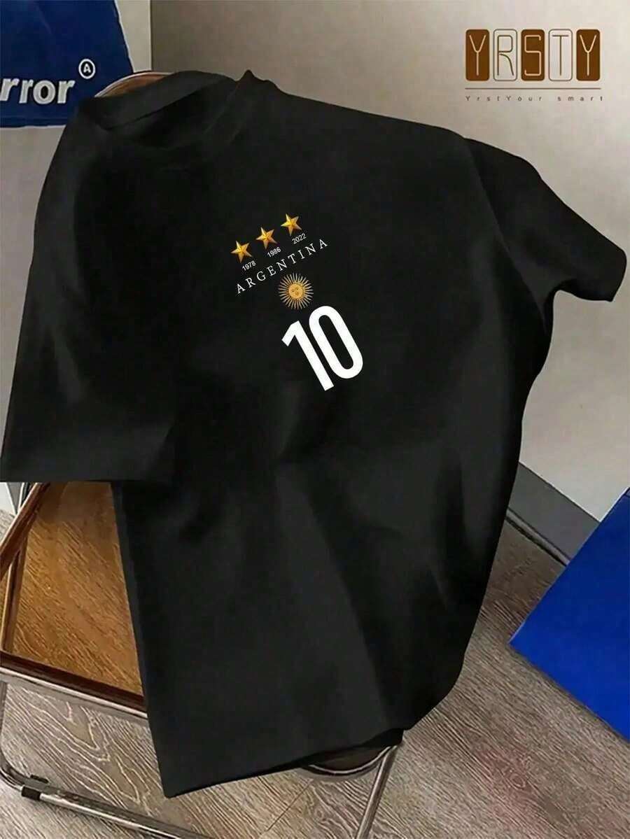 1 pezzo - Maglietta grafica Argentina 10 da uomo - Beige. - Maglietta casual ed elegante con motivo a stelle, girocollo e maniche corte. Perfetta per l'uso quotidiano e per le occasioni speciali. - nero - Visualizzare 1