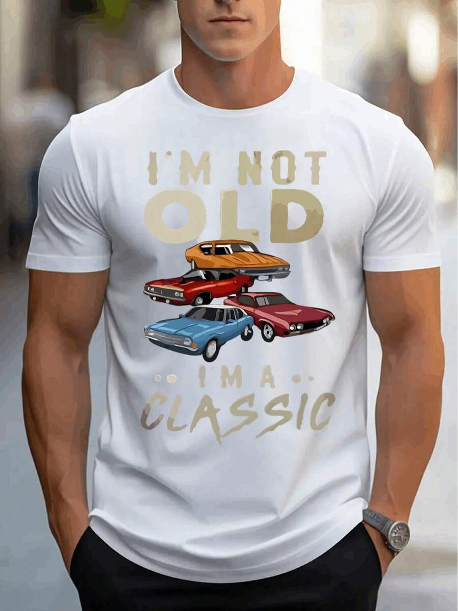 No soy un viejo, soy una camiseta clásica con estampado de patrón masculino, camiseta casual de manga corta, 1 pieza,% algodón pesado - cuello redondo cómodo, camiseta suave y atractiva. - Blanco - Ver 1