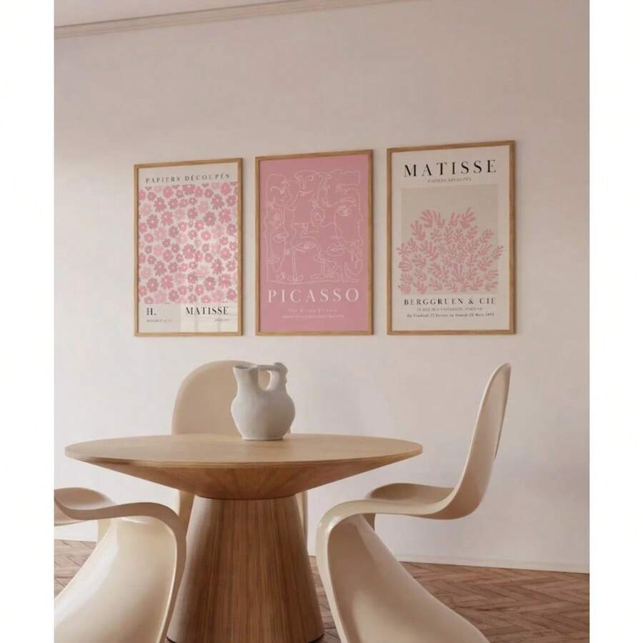 3pcs Matisse & Picasso Inspired Pink Wall Art Set - Abstract Floral Market Posters, Living Room, Bedroom, Dining Room Decor Canvas Prints (Unframed) Birthday Graduation Gift Kitchen Decor - Pink - View 1