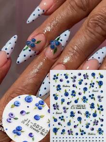 Summer Blueberry Fruit Nail Stickers, Vintage Polka Dot Design, Charming French Manicure, Fresh Summer Style 5D Embossed Nail Art - Multicolor - View 10