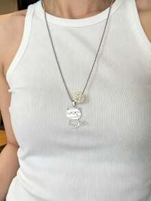 女款柔軟可愛小貓珍珠球鈦鋼長項鍊，簡約百搭不褪色不鏽鋼毛衣鍊 - 銀色 - 查看 3