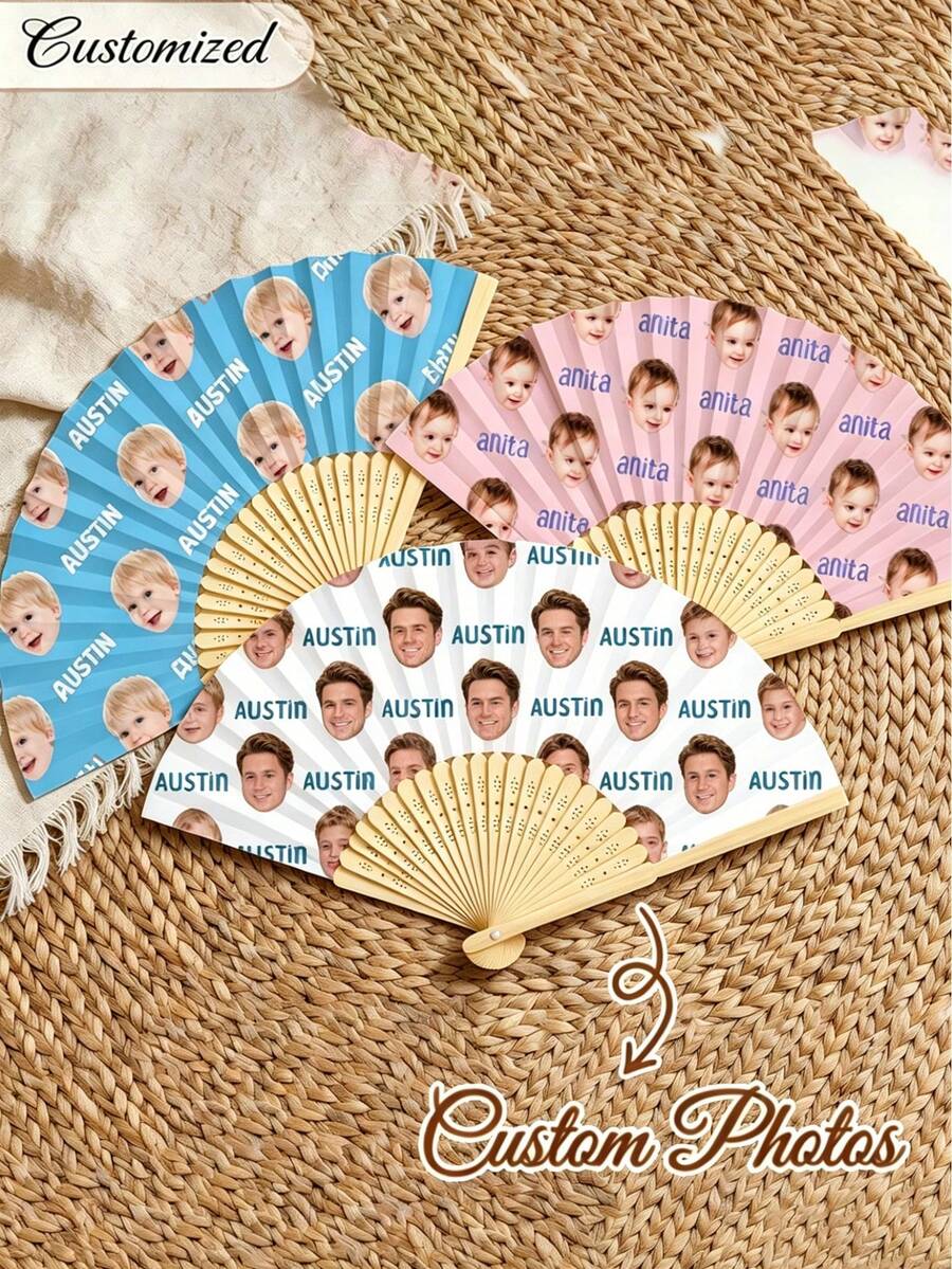 Customized Photo And Name LOGO Wedding Fan, Classic DIY Fan, Decorative High-Quality Customization, Gift For Girlfriend, Dad, Family, Mom, Friends, Pets
