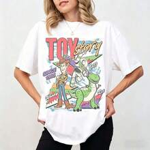 Retro Toy Story Oversized Tee, Woody & Buzz Print, Disney Park Style For Girls & Women Vacation Wear - 白色 - 查看 1