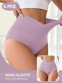 MIOTAN 4 buah celana dalam wanita pinggang sedang hingga tinggi, desain tali silang, warna polos, pengontrol perut, elastis, membentuk tubuh, pas ketat, lembut, dan bernapas. - MultiWarna - View 4