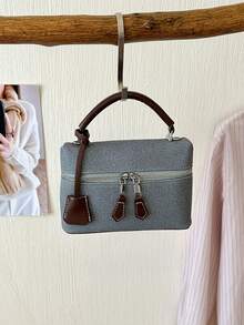 1 pieza Bolso cuadrado pequeño de mano con bloques de color, bolso de caja de moda, tela de PU, bolso bandolera cuadrado, bolso de uso diario, bolso de almacenamiento para teléfono y lápiz labial, adecuado para mujeres, estudiantes universitarias, oficina, universidad, trabajo, negocios, transporte, ir al trabajo, viajes - Azul - Ver 8