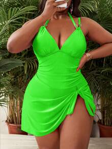 Vestido largo con tirantes finos y volantes para mujer talla, traje de baño de moda ajustado para playa, viaje y verano - Verde - Ver 1