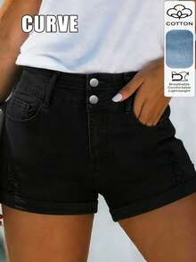 Cross-Border Plus Size Women's Straight Cut Denim Shorts With Pocket Decoration, Mid-Stretch Fabric, Creating A Relaxed And Confident Summer Vibe. - Black - View 1