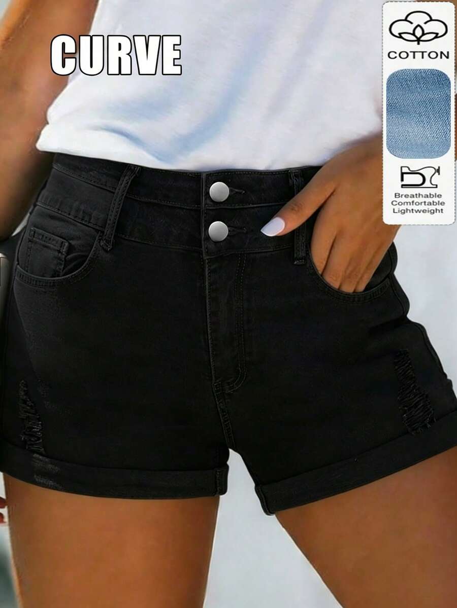 Cross-Border Plus Size Women's Straight Cut Denim Shorts With Pocket Decoration, Mid-Stretch Fabric, Creating A Relaxed And Confident Summer Vibe. - Black - View 1