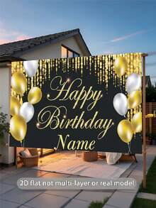 Customizable Name & Birthday Theme Backdrop, Black & Gold Background, Gold Balloons & Glitter Decor, Ideal For Birthday Party Cake Table, Photography Banner, Vinyl Material, Party Glam - Black Gold - View 5