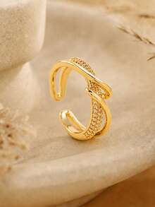 1 pièce Bague ouverte en croix pavée de CZ et polie de luxe, bague en cuivre ajustable pour femmes, bijoux de mode étincelants, fête, cadeau d'anniversaire - Multicolore - Voir 1