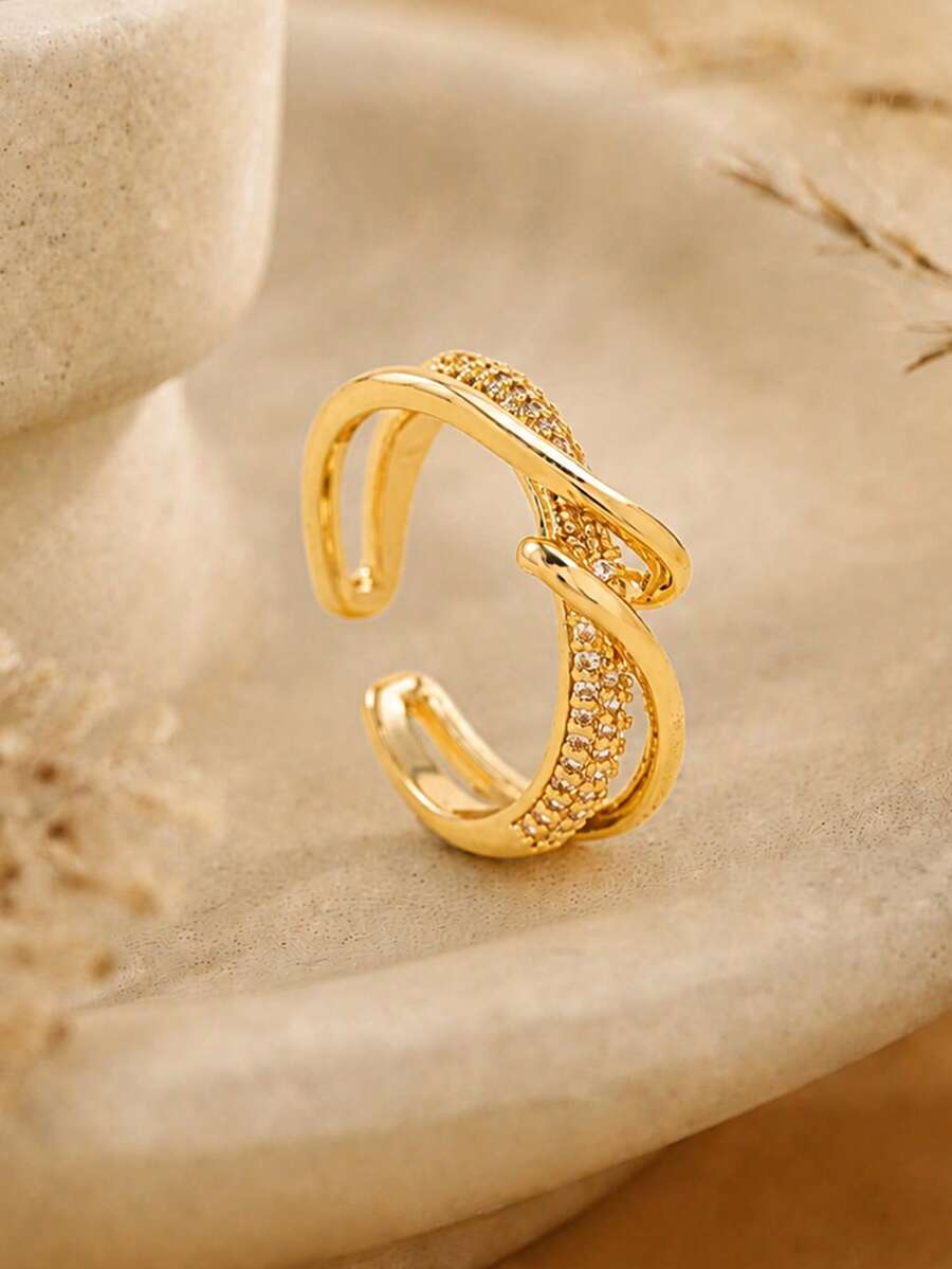 1 pièce Bague ouverte en croix pavée de CZ et polie de luxe, bague en cuivre ajustable pour femmes, bijoux de mode étincelants, fête, cadeau d'anniversaire - Multicolore - Voir 1