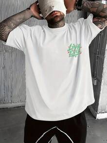 Camiseta moderna y a la moda con estampado de letras y diseño de gotas de sangre en contraste verde y rojo, corte holgado, imprescindible para hombres con estilo, que muestra un estilo indiv - Negro - Ver 2