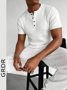 Men's Summer Henley Neck Solid Ribbed Short Sleeve Knit Sweater, Suitable For Summer Outings, Essential For Fashionable Styling - White - View 5