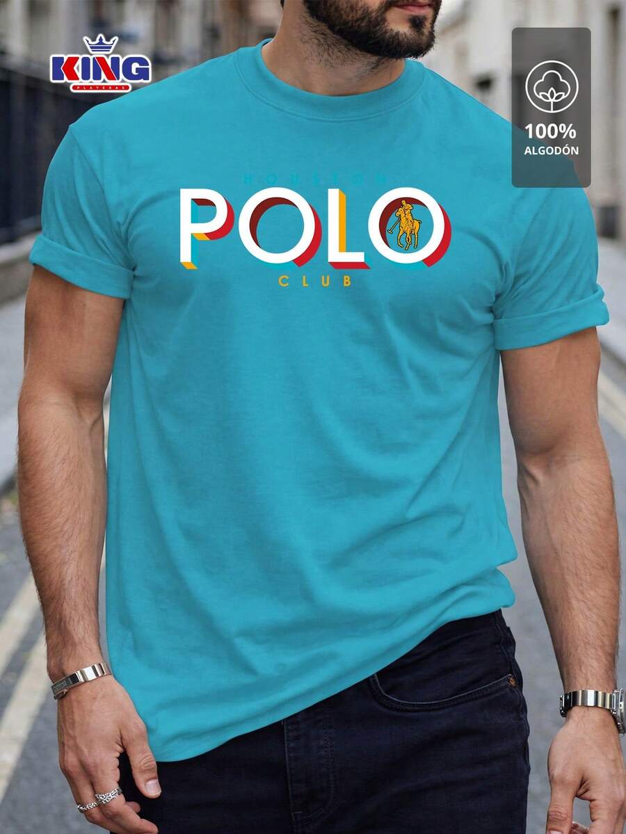 Original HPC POLO T-Shirt With Round Neck And Short Sleeves – Themed Graphic Design "HPC: Retro Typography Houston" – 100% Cotton - 薄荷藍 - 查看 1