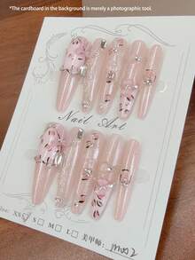 10片長杏仁形Y2K風格粉色豹紋緞帶蝴蝶結美甲貼，手繪愛心裝飾，不對稱水鑽，手繪豹紋浮雕美甲，粉色美甲，可愛美甲，豹紋設計，裸粉色貓眼漸層，亮片美甲，水鑽裝飾假指甲，春夏秋冬必備，壓克力穿戴式假指甲，美甲用品，穿戴式假指甲，手工穿戴式假指甲 - 粉色 - 查看 6