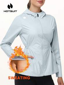 HOTSUIT 女款連帽桑拿外套，可調式抽繩腰部與拉鍊側口袋－健身、運動與訓練出汗上衣 - 淺藍色 - 查看 2