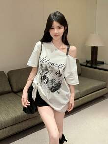 American Style Graphic Print Asymmetrical Shoulder Short Sleeve T-Shirt, Sexy Loose Unique Chic Top For Women, Summer White - White - View 7