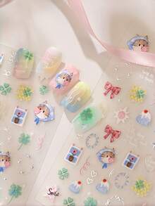 1pc 5D Sweet Cute Kitten Nail Art Stickers, Four-Leaf Clover & Bow Nail Decals, Self-Adhesive Nail Patches, Summer DIY Nail Art Accessories, Easy Nail Stickers, Best Nail Supplies For Girls And Women, Suitable For St. Patrick's Day And Cute Party Events - Multicolor - View 6