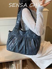 Bolso de Hombro Clásico y Moderno de Color Sólido, Gran Capacidad, Material PU Vintage, Opción Ideal para Bolsos de Mujer para Viajes Diarios - Azul - Ver 4