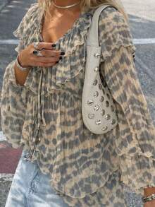 Blusa de moda con cuello de volantes, estampado de leopardo, manga farol y lazo delantero - Óxido marrón - Ver 1