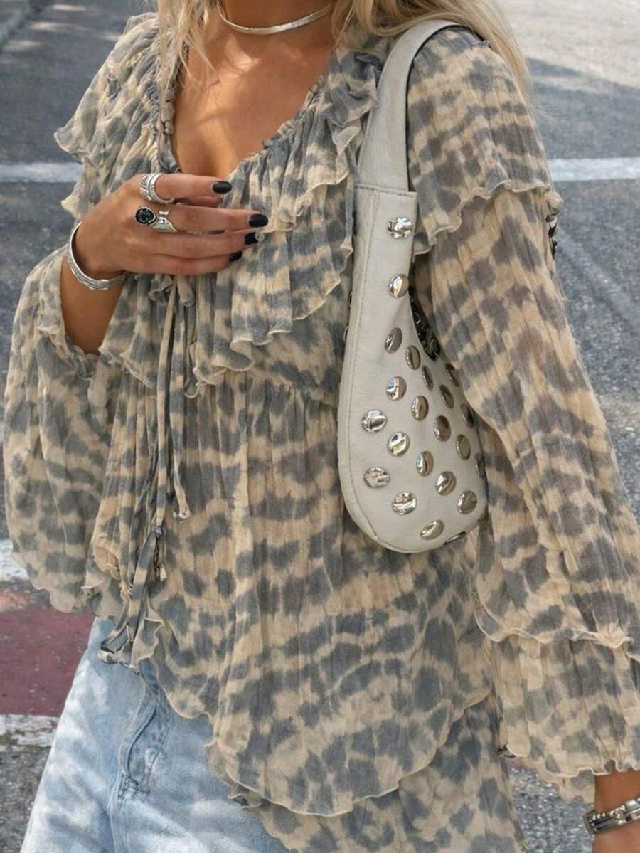 Blusa de moda con cuello de volantes, estampado de leopardo, manga farol y lazo delantero - Óxido marrón - Ver 1