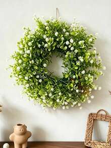1pc Artificial Eucalyptus Wreath, Decorated With Small Flowers And Eucalyptus Leaves, Suitable For Wedding Decoration, Indoor And Outdoor Decoration, Home Decor, Bedroom, Wall, Outdoor Garden, Hallway, Christmas, Halloween, Etc. - Baby's Breath Wreath - View 4