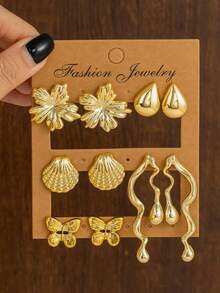 2-10pcs Gold Fashion Women's Earring Set, With Seashell, Butterfly, Five-Petal Sunflower, Polished Teardrop, Geometric Long Teardrop, Butterfly-Shaped Ear Drops And Studs, Suitable For Beach Vacation, Daily Wear - Gold - View 4