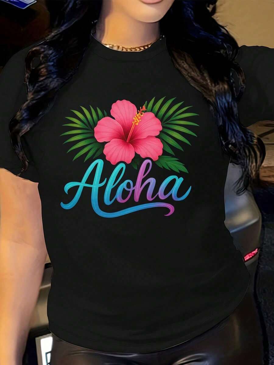 Aloha T-Shirt, Hawaiian Floral Print T-Shirt, Tropical Vacation T-Shirt, Beach Style T-Shirt, Summer Palm Tree T-Shirt, Cute Hibiscus Floral T-Shirt - 黑色 - 查看 1