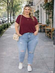 Plus Size Women's Blouse, Premium Cold Weather Dress, Plain, Casual, Modern, Basic, Contemporary, Viscose/Lycra, Workwear, Marsala - 紅木色 - 查看 3