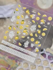 5D Fruit Lemon Embossed Nail Art Stickers, Transparent Yellow Lemon Slices With White Lace Floral & Letter Self-Adhesive Patches, Clear Matte Thin Style, Fresh Sweet Country Minimalist DIY Nail Decor, Salon Daily Wear Nail Accessories, 1 Sheet - Multicolor - View 7