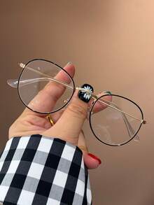 1pc Round High-Quality Gold Metal Frame Clear Lens Glasses, Fashionable And Suitable For Boy & Girl, Prevent Visual Fatigue When Using Computers, TVs, Gaming, And Smartphones - Clear - View 9
