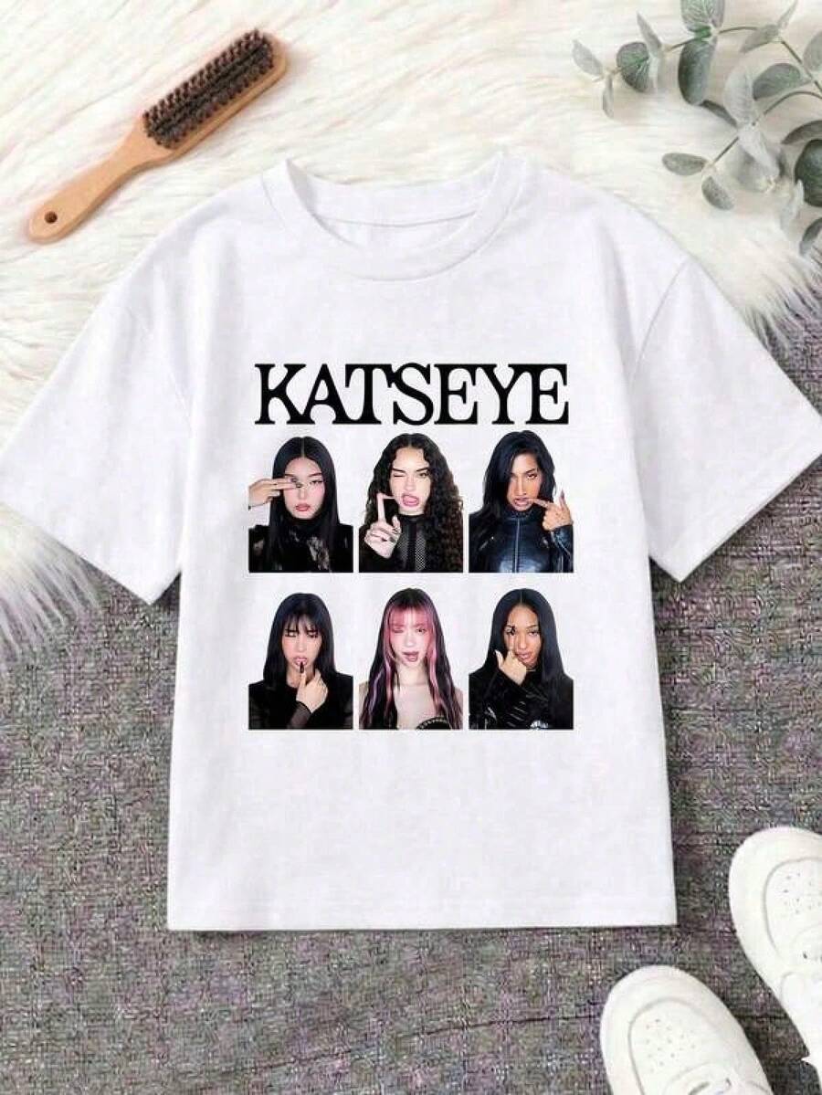 Teen Girl KATSEYE Global Girl Group Graphic Print T-Shirt, Comfortable & Breathable Short Sleeve Round Herren Tshirt Herrenbekleidung Oberteile - White - View 1