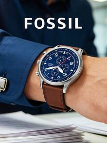 Fossil 男士石英复古飞行员计时表，钴蓝色表盘，白色阿拉伯数字和箭头刻度，3个小表盘，红色秒针，不锈钢表壳，光滑棕色皮革表带，复古飞行员风格礼品 - 棕色 - 查看 2