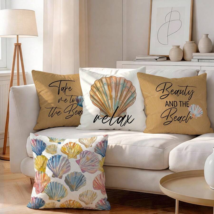 4Pcs Ocean Shell Text Design Peach Skin Single-Sided Printed Pillowcase/Cushion Cover, 100% Polyester, Living Room Sofa Bedroom - Multi-Scene Atmosphere Style Decor, No Pillow Insert, 40x40cm/45x45cm/50x50cm - Multicolor 02 - View 1