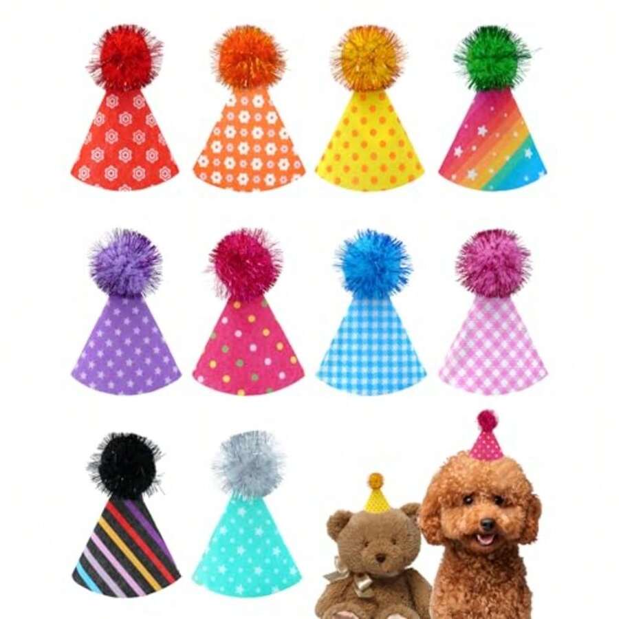 Paquete De 10 Sombreros De Fiesta para Perros Pequeños, Peluches, Cachorros Y Gatos, Diadema Ajustable, Sombreros De Fieltro Coloridos para Fiestas, Accesorios De Vestuario para El - Mini - Ver 1
