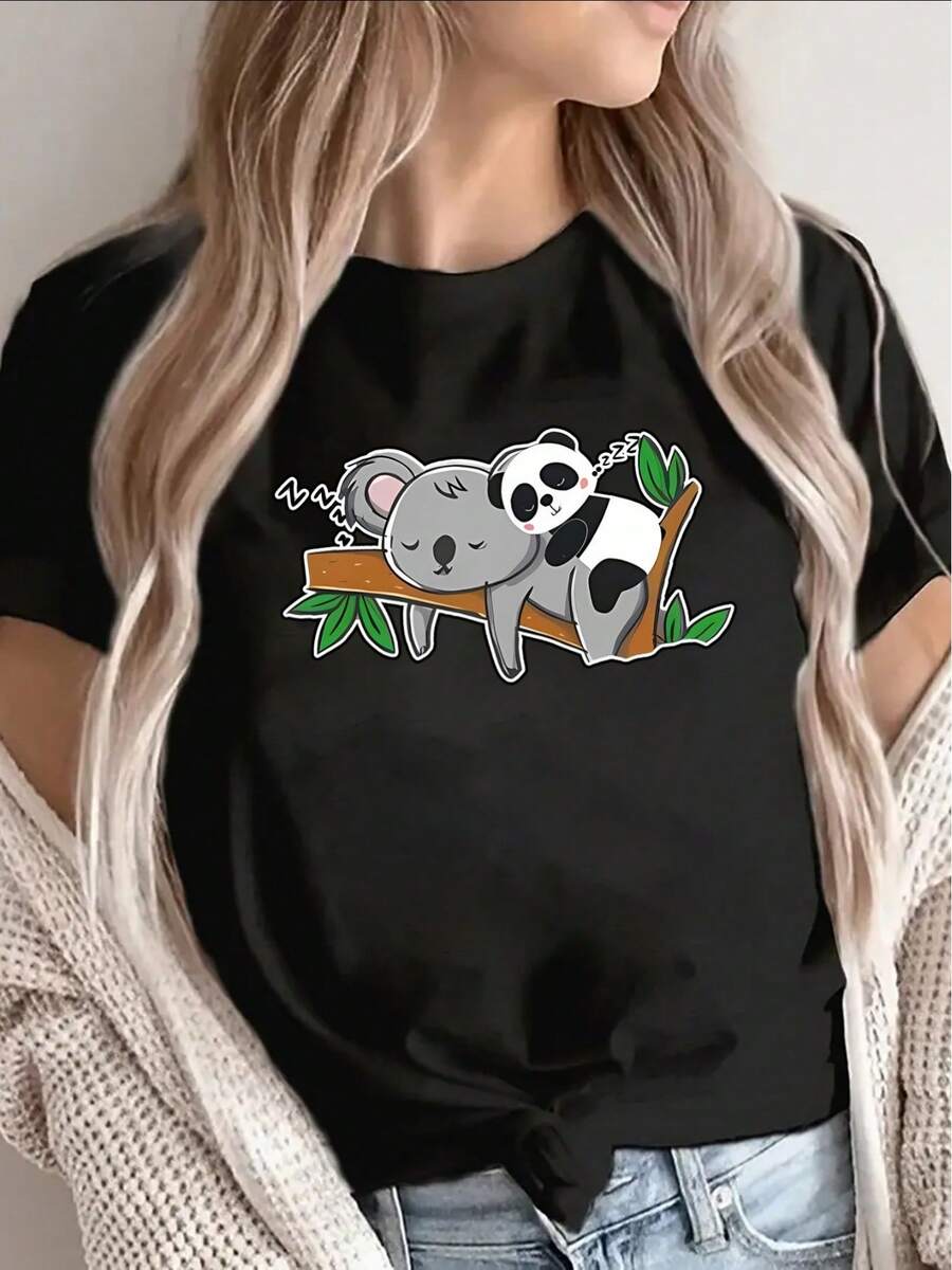 Y2K Style T-Shirt: Women's Cotton T-Shirt, Ideal For Summer Vacations, Lightweight And Durable, With Adorable Koala And Panda Designs, Perfect For Lounging At Home Or Working Out - 黑色 - 查看 1