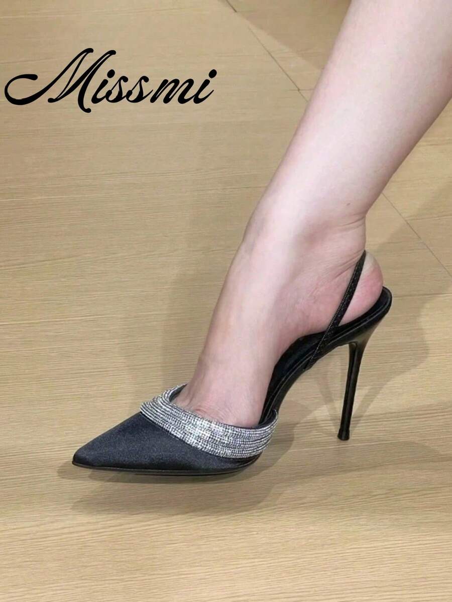 2026 Spring/Autumn New Pointed Toe Purple Stiletto High Heel Satin Rhinestone Strap Slip-On Sandals For Women