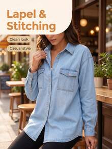 Women's Oversized Denim Shirt, Long & Short Sleeve Classic Pocket Jean Blouse, Casual Back To School Camisas De Mujer Elegantes - Light Blue - View 3