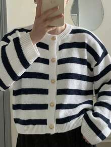 Women's Cardigan, Round Neck, Single-Breasted Button, Long Sleeve, Flared Sleeve, Commute, Minimalist, Contrast Color Striped, Loose, Lazy, Warm, Thick Knit Sweater, Autumn/Winter - White - View 1