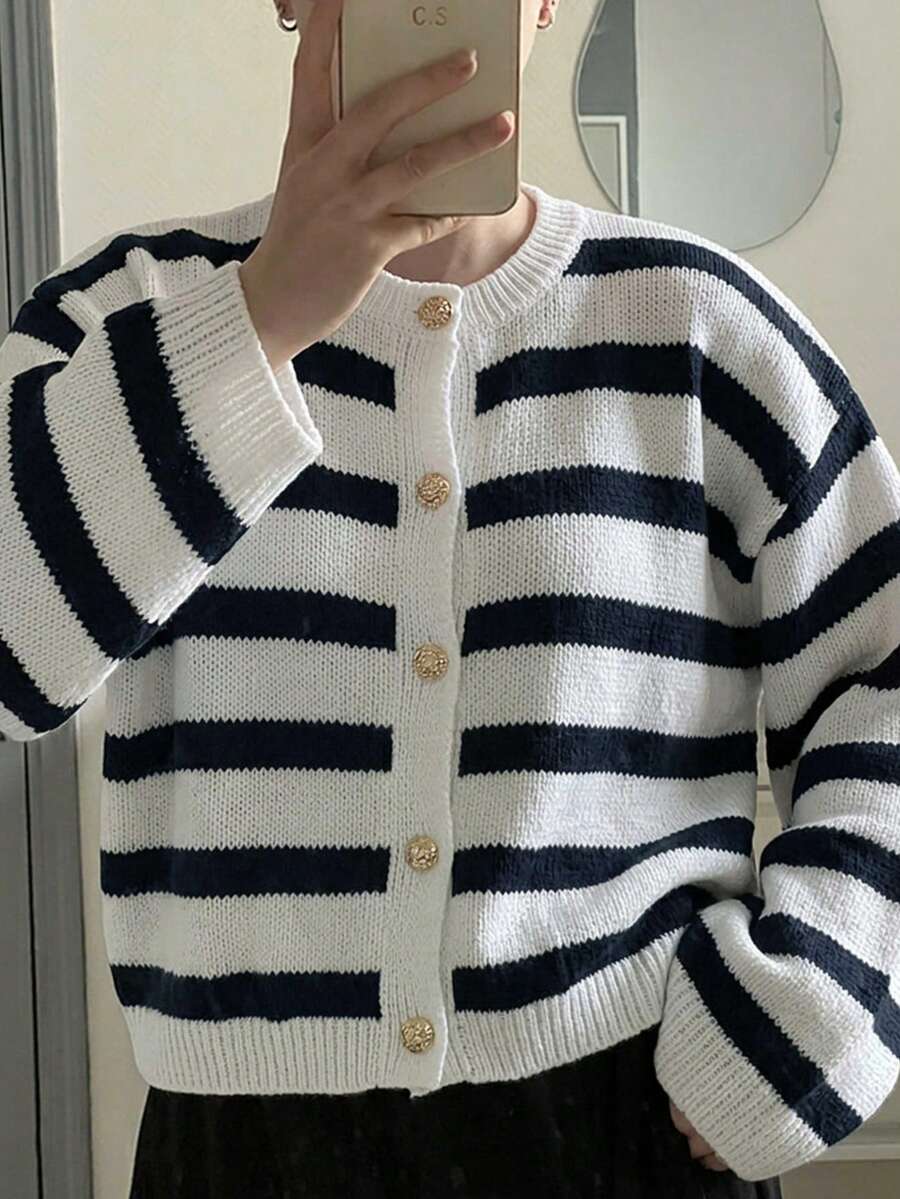 Women's Cardigan, Round Neck, Single-Breasted Button, Long Sleeve, Flared Sleeve, Commute, Minimalist, Contrast Color Striped, Loose, Lazy, Warm, Thick Knit Sweater, Autumn/Winter - White - View 1