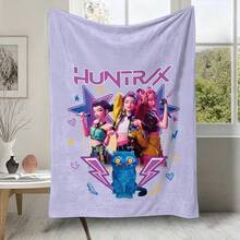 Huntrix 女團 & 藍貓演唱會圖案法蘭絨披毯，柔軟舒適的絨毛毛毯，淺紫色背景，適用於沙發、床、客廳、臥室、辦公室、旅行，四季皆宜 - 顏色 1 - 查看 6