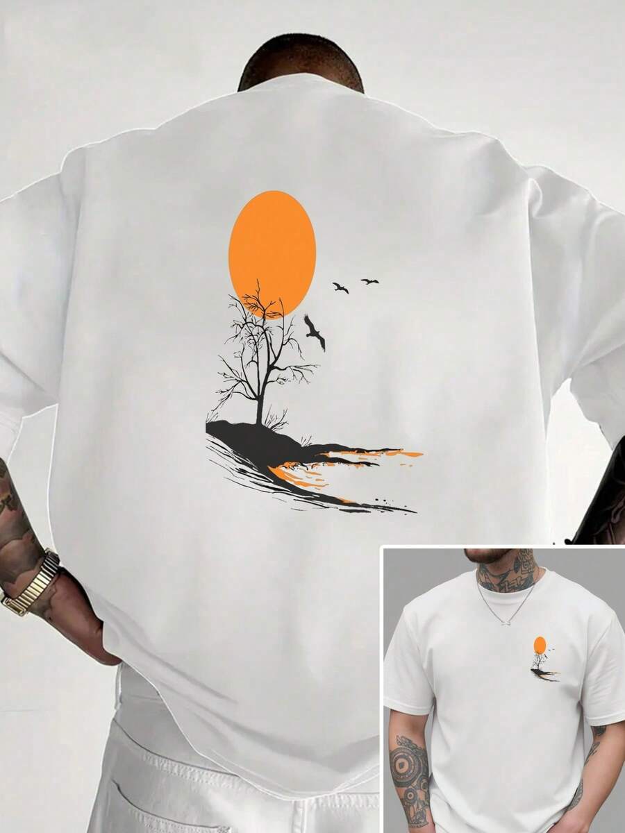 Autumn Sunset, Leaves Falling To The Ground, Double-Sided Print, New Men's Crew Neck T-Shirt, Casual Sporty Style, Modern Fashion, Loose Fit, Short Sleeve T-Shirt - 白色 - 查看 1