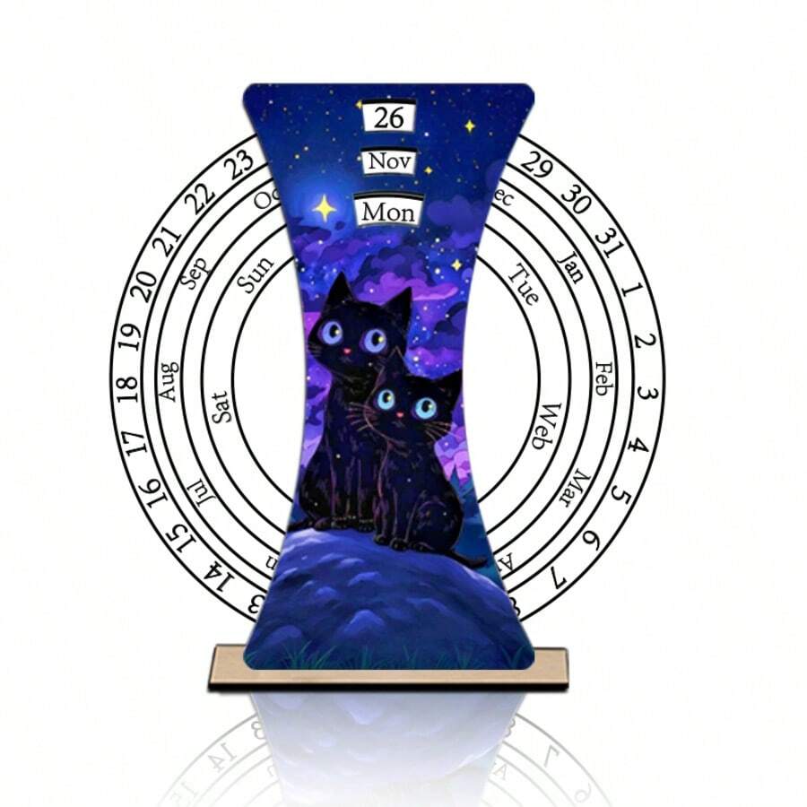 Rotating Round Wooden Perpetual Calendar, Black Cat Starry Sky Eternal Desktop Calendar, Suitable For Office And Home Desktop Decoration - 1 YEAR - View 1