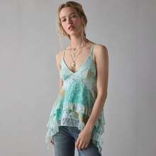 Blusa de verano de gasa con estampado floral retro al estilo americano para mujer, que estiliza la figura; top de tirantes con volantes y encaje, para vacaciones en islas tropicales - Verde - Ver 1