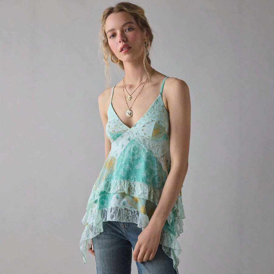 Blusa de verano de gasa con estampado floral retro al estilo americano para mujer, que estiliza la figura; top de tirantes con volantes y encaje, para vacaciones en islas tropicales - Verde - Ver 1