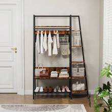 Industrial Style Freestanding Open Coat Rack with Shelves - Retro Brown Hanging Rack for Bedroom, Living Room & Home Office - Multi-Functional Clothes & Shoe Storage Organizer - Voir 2