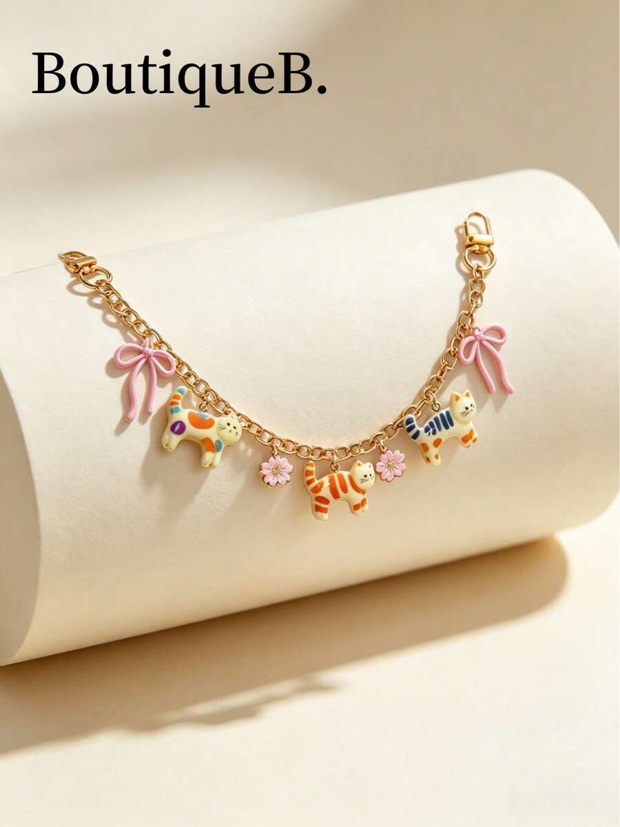 1pc Cute Cat Bag Chain, Bag Extension Chain, Wallet Chain Replacement, 11 Inch Short Chain, Enamel Flower Pendant, Bag Handle Extender, Decorative Bag Chain, Suitable For Wallet Handbag Crossbody Bag, Gold Chain
